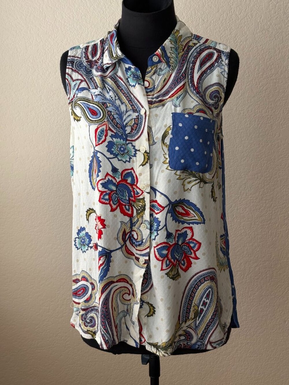 Chico's Size 1 Paisley Polka Dot Mixed Print Sleeveless Blouse